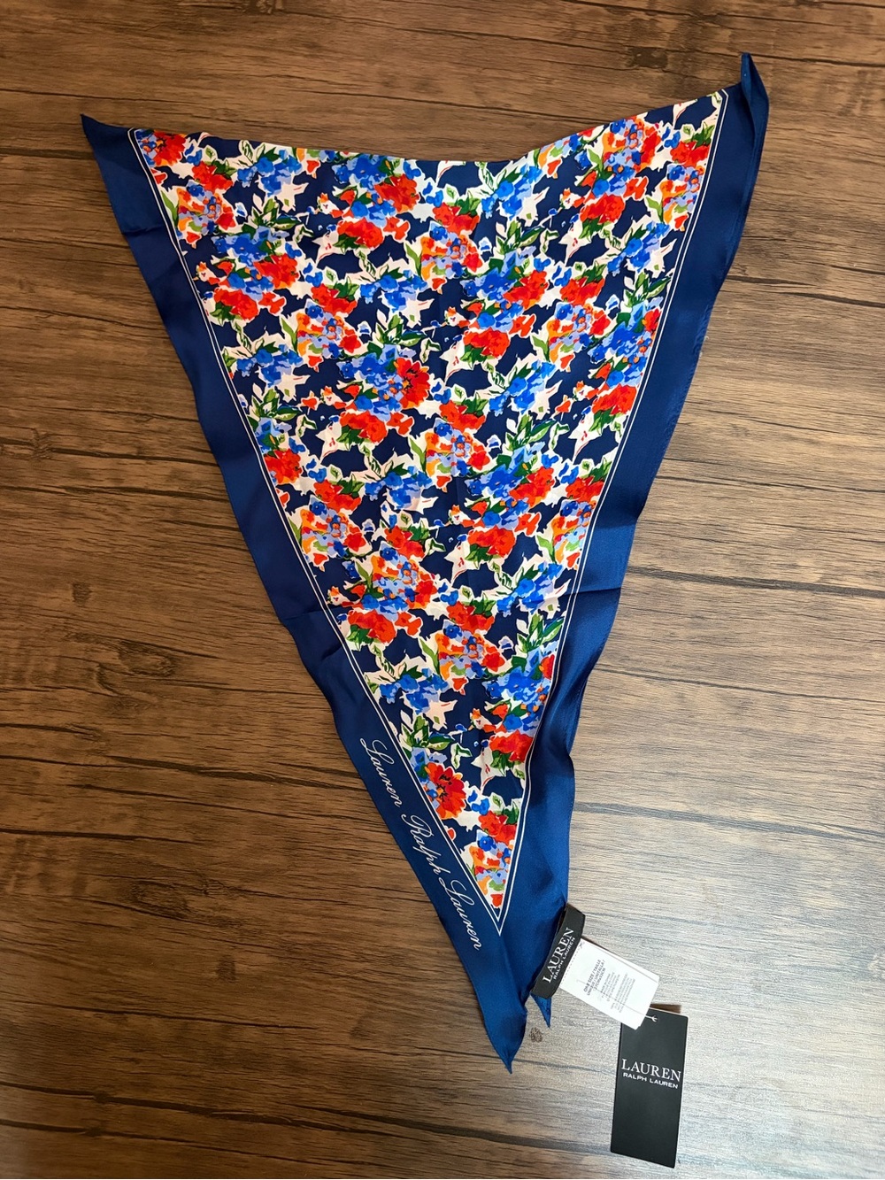 Lauren Ralph Lauren Blue Floral Print Diamond Scarf Red Blue with Box - Picture 5 of 8